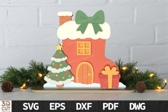 Christmas Boot House Display SVG for Laser Cutting & Winter Amp