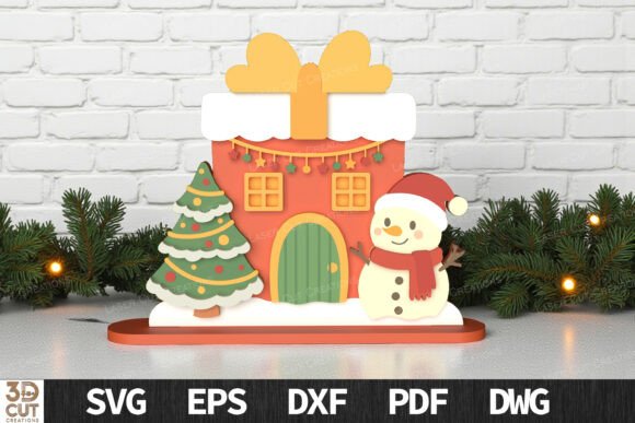 Gift House with Snowman Display SVG for Laser Cutting and Winter Amp